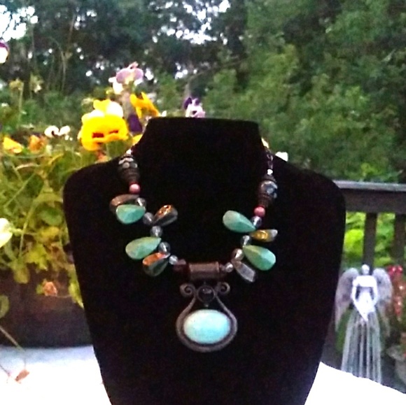VTG Boho Turquoise Verdigres Brass Teardrop Neckla - Picture 4 of 8